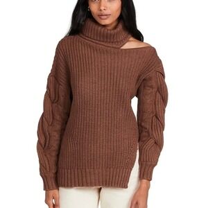 ASTR the Label Women Small Sequoia Cable Knit Turtleneck Sweater Chocolate Brown